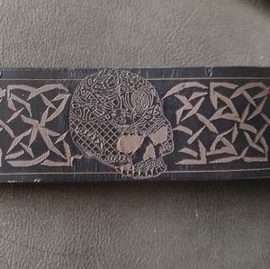 Black leather skull design belt 26-31" holes nickel free buckle